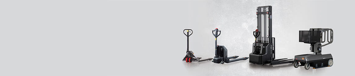 Collection of Raymond Basics material handling equipment including pallet jacks and stackers.