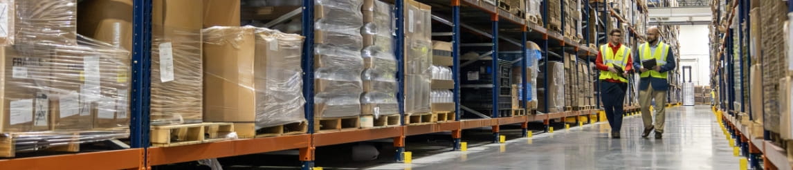 RSC sales engineer and customer discussing warehouse storage strategies in an aisle.