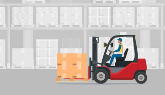 Electric forklift operator transporting a pallet of goods in a warehouse.