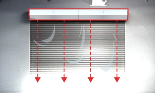 Dock door air curtain illustrating thermal airflow containment and energy efficiency.
