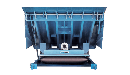 Blue industrial air-powered dock leveler for warehouse loading bays.