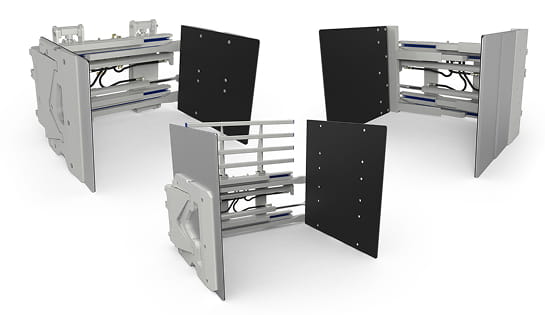 Three specialized forklift clamp attachments displayed side by side