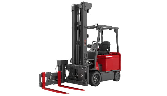 Raymond counterbalanced forklift equipped with a turret master attachment for specialized high-density storage