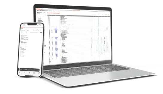 Laptop and mobile phone displaying Raymond's iParts portal screens for ordering material handling equipment parts