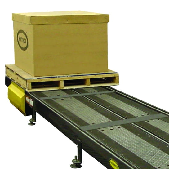 Hytrol linear pallet handling conveyor transporting a pallet and carton