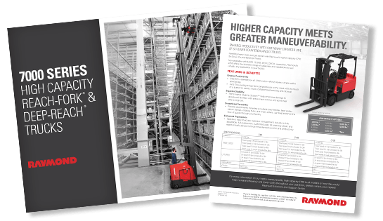 Raymond forklift product brochures and sales sheets displaying equipment specifications