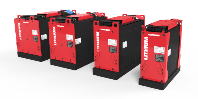 Lineup of four Raymond Lithium-Ion Battery Series power units designed for industrial lift trucks