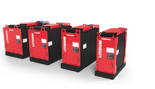 Lineup of four Raymond Lithium-Ion Battery Series power units designed for industrial lift trucks