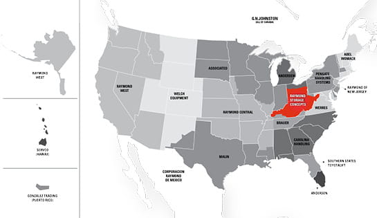 North American Raymond dealership network map highlighting the Raymond Storage Concepts dealership territory in red across Ohio, Kentucky, southeastern Indiana and West Virginia
