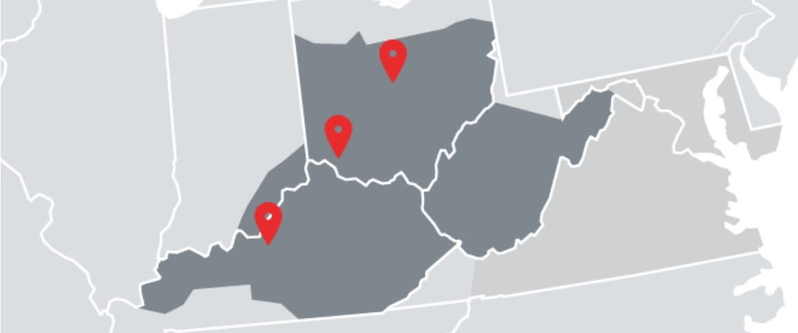Map focused on a most of Ohio, Kentucky, southeast Indiana and West Virginia in dark gray while the rest of the midwest map is in light gray. Three location marks pointing out RSC's branches: Cincinnati, OH; Columbus, OH and Louisville, KY.