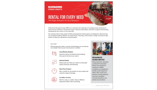 Raymond Storage Concepts Forklift & Equipment Rental Overview Sheet.